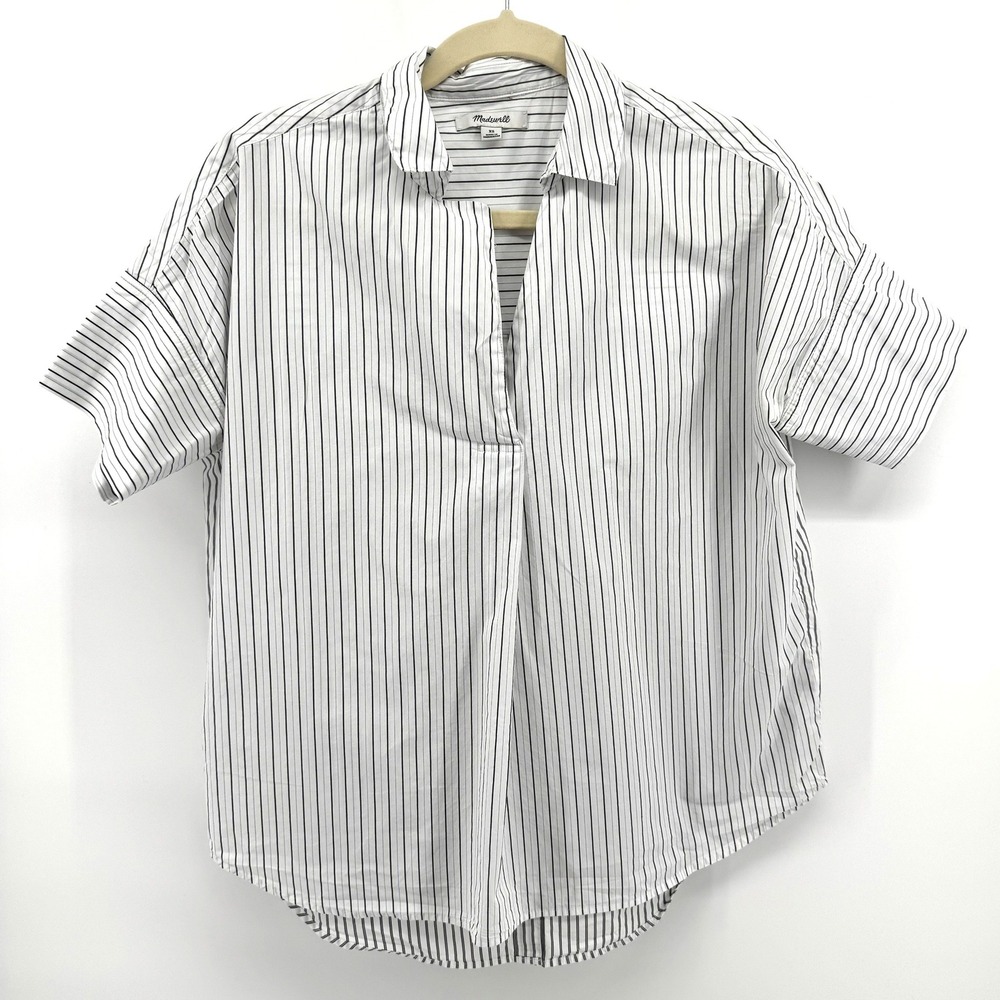 Madewell Womens XS White Striped Button Back Shirt Coastal Grandmother Preppy